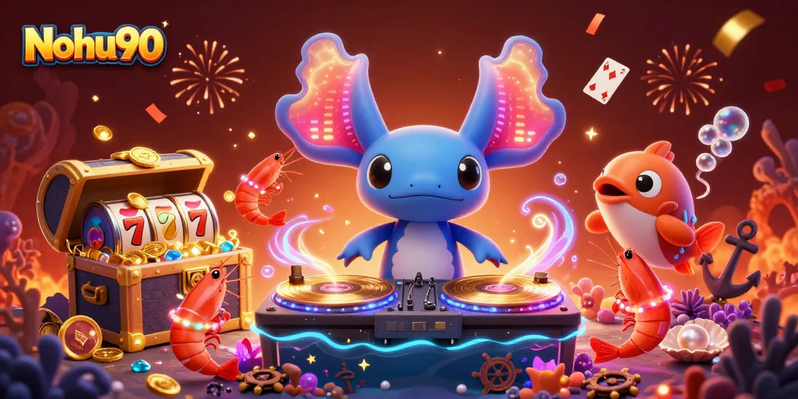 Nohu90 illuminates a vibrant underwater party scene with an axolotl DJ spinning and casino themes.