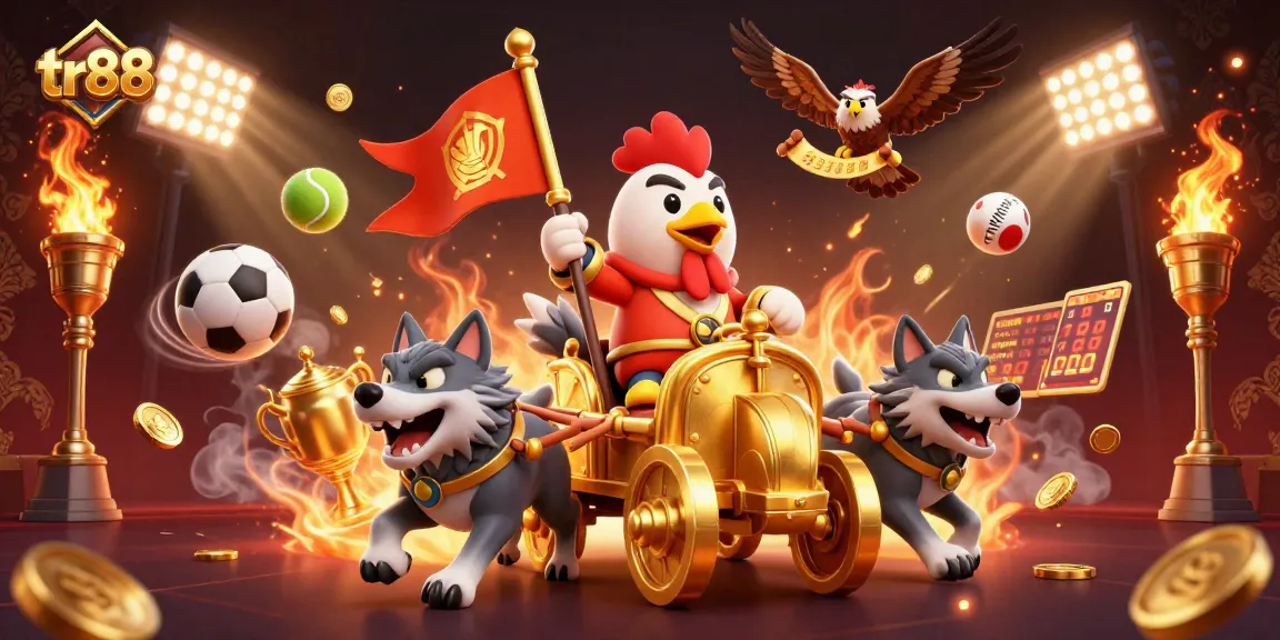 Engage with thrilling gameplay at tr88, featuring a rooster warlord amidst dynamic sports elements.