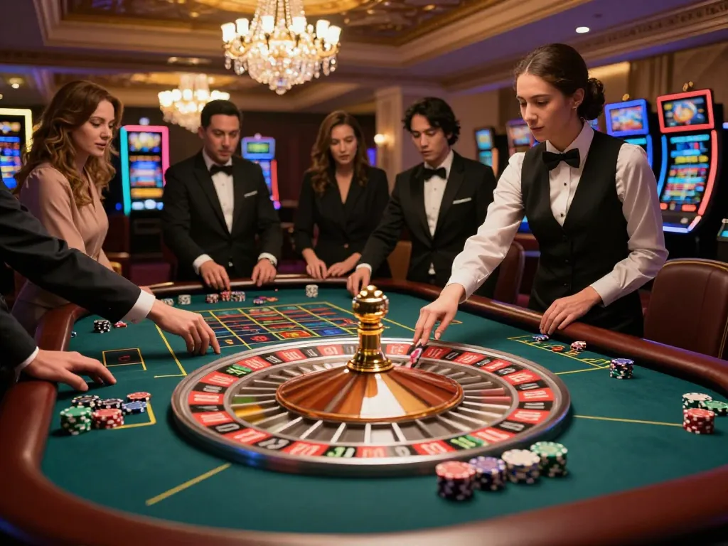 Experience the excitement of betting at 79king roulette table with players engaged and croupier spinning the wheel.