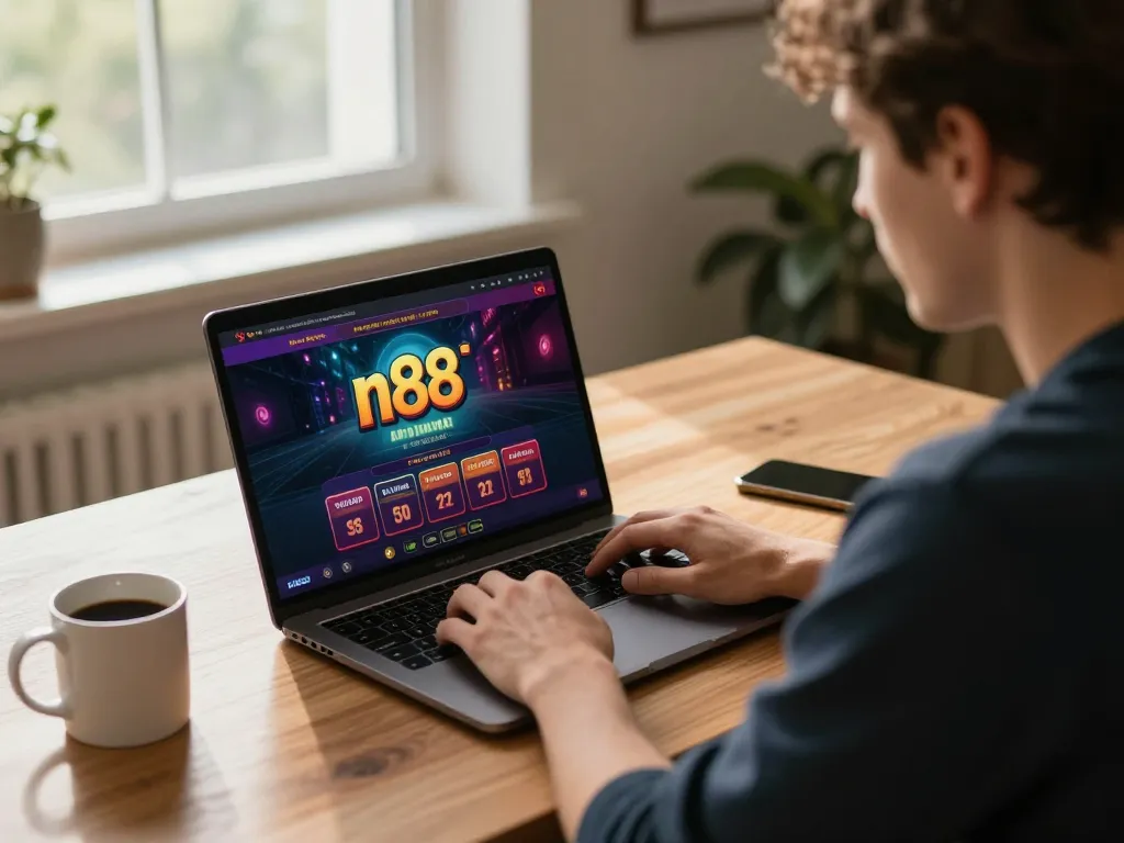 Player engaging with n88 casino app on laptop, focusing on online gambling strategies and gameplay.