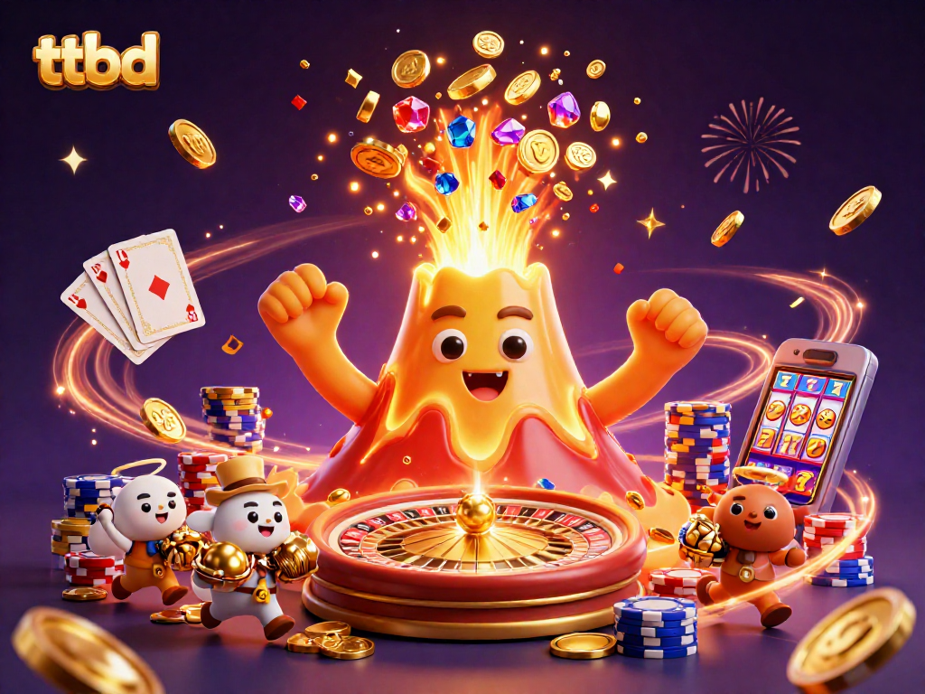 Play the exciting ttbd game featuring golden volcano and treasure-filled adventure in this captivating illustration.