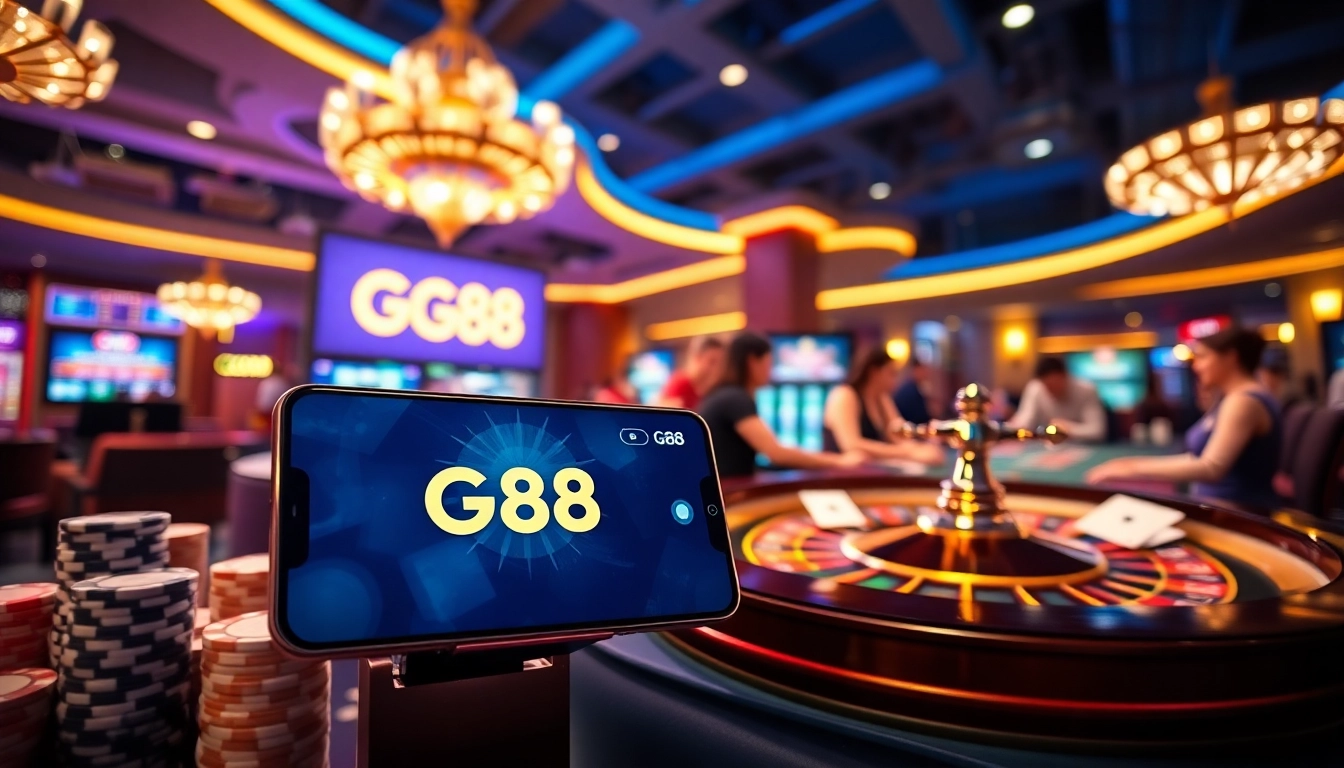 Experience the thrill of GG88 game with players enjoying various casino activities in a luxurious setting.