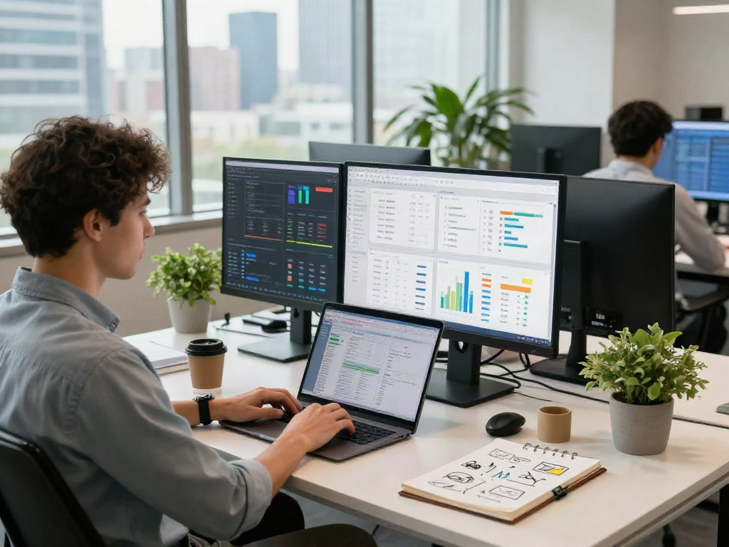 Data analyst in a modern office analyzing metrics for ia +18 marketing insights.