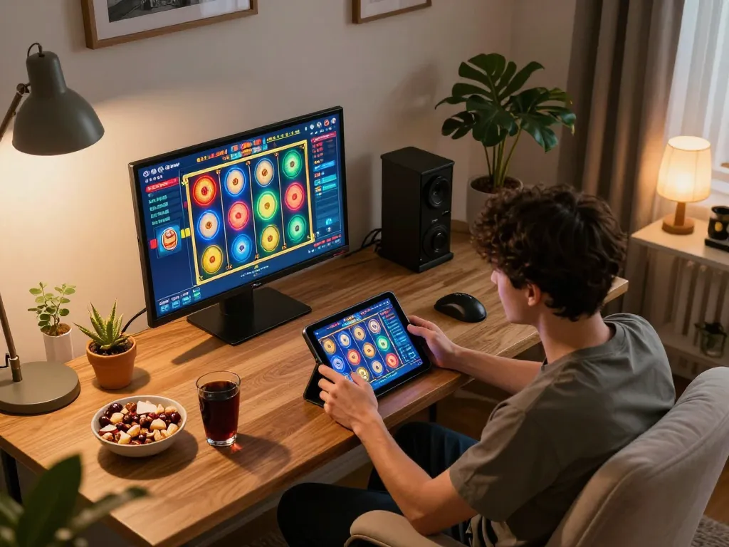 Engaging scene of online slot gaming from https://www.atqvn.com/ with colorful reels in home office.
