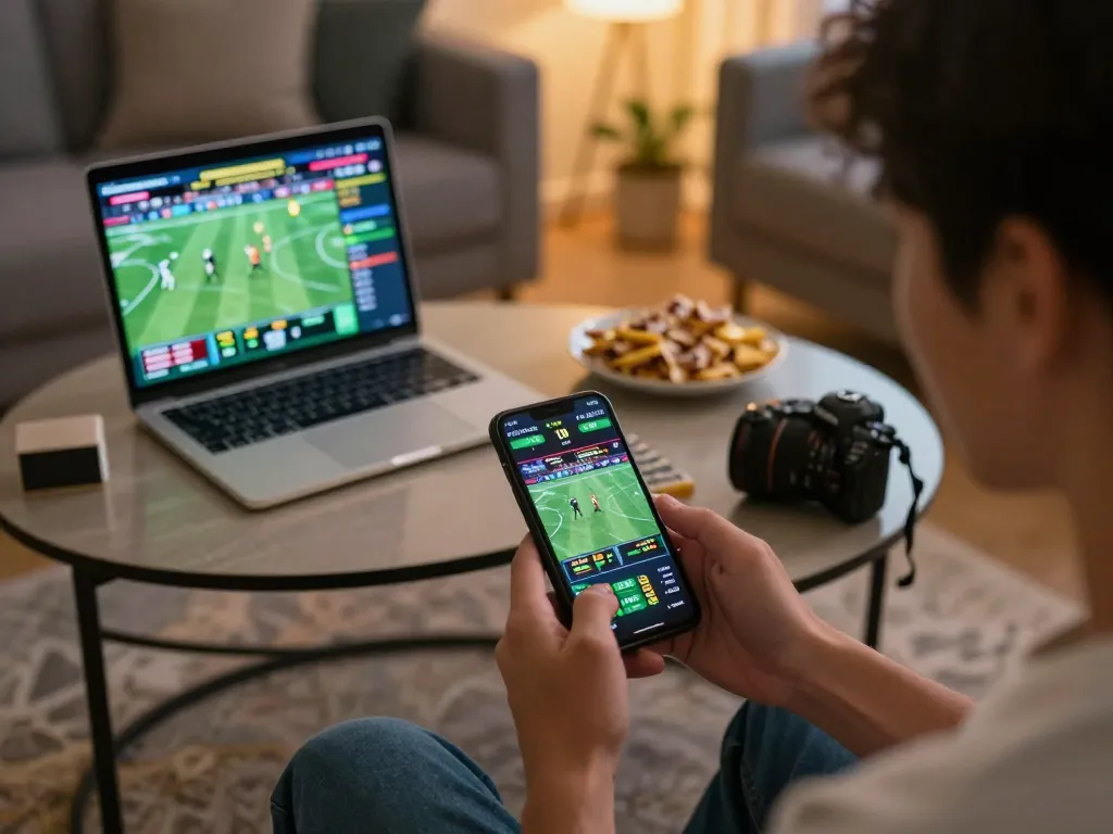 Engaging scene of online sports betting with fly88 rocks logo displayed on smartphone, displaying vibrant betting interface and relaxed home atmosphere