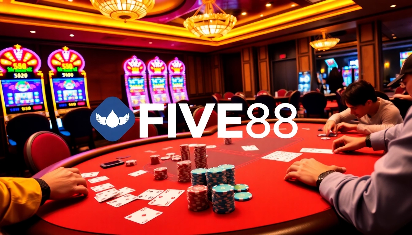 Engaged players at a FIVE88 poker table with vibrant chips and cards in action.