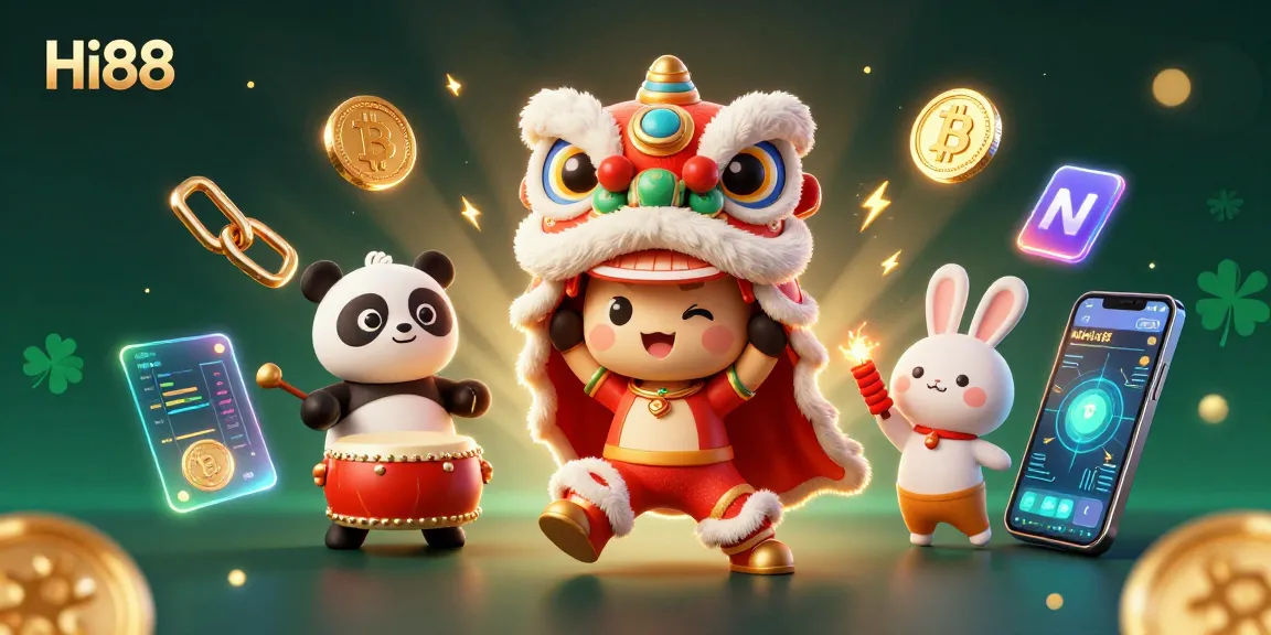 Experience excitement at Hi88 with a vibrant casino scene featuring a lively lion dance, drumming panda, and crypto elements.