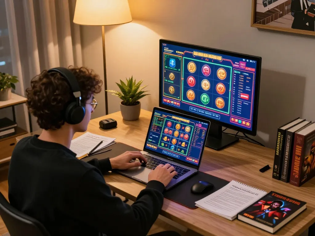 Engaging online player at home using laptop for thrilling gaming experiences inspired by itwshow.