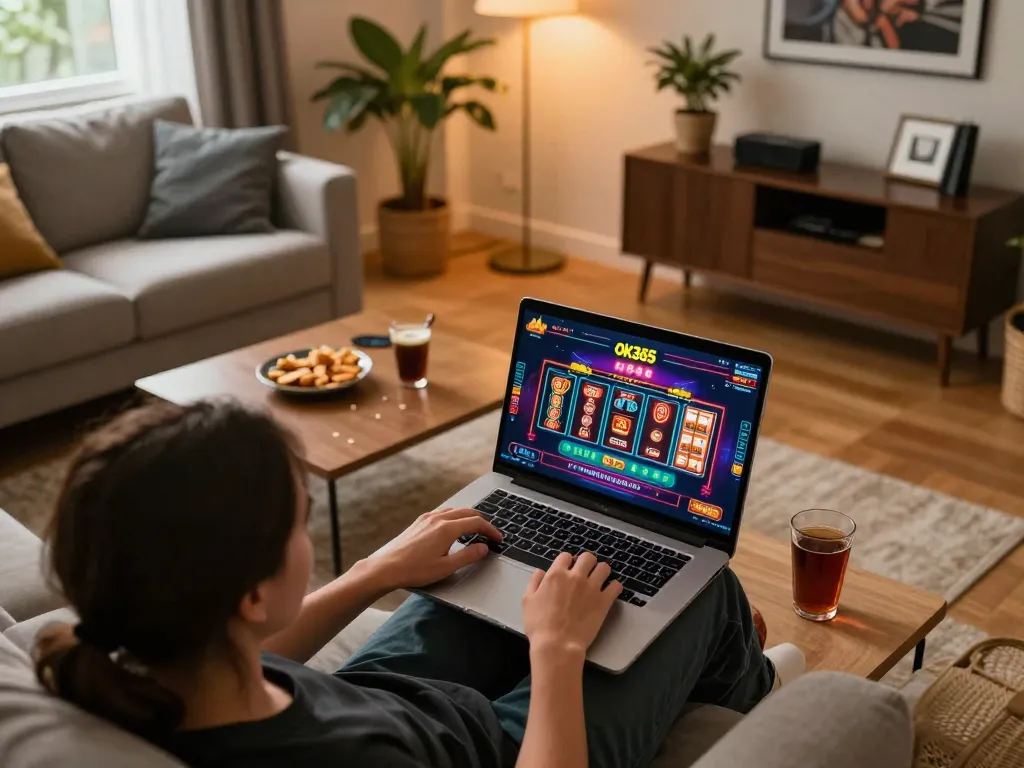 Experience online gaming at ok365 with a cozy home setup showcasing a player engaged in casino action.