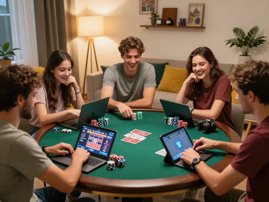 8LIVE players engaged in online poker game, showcasing camaraderie and responsible gambling.