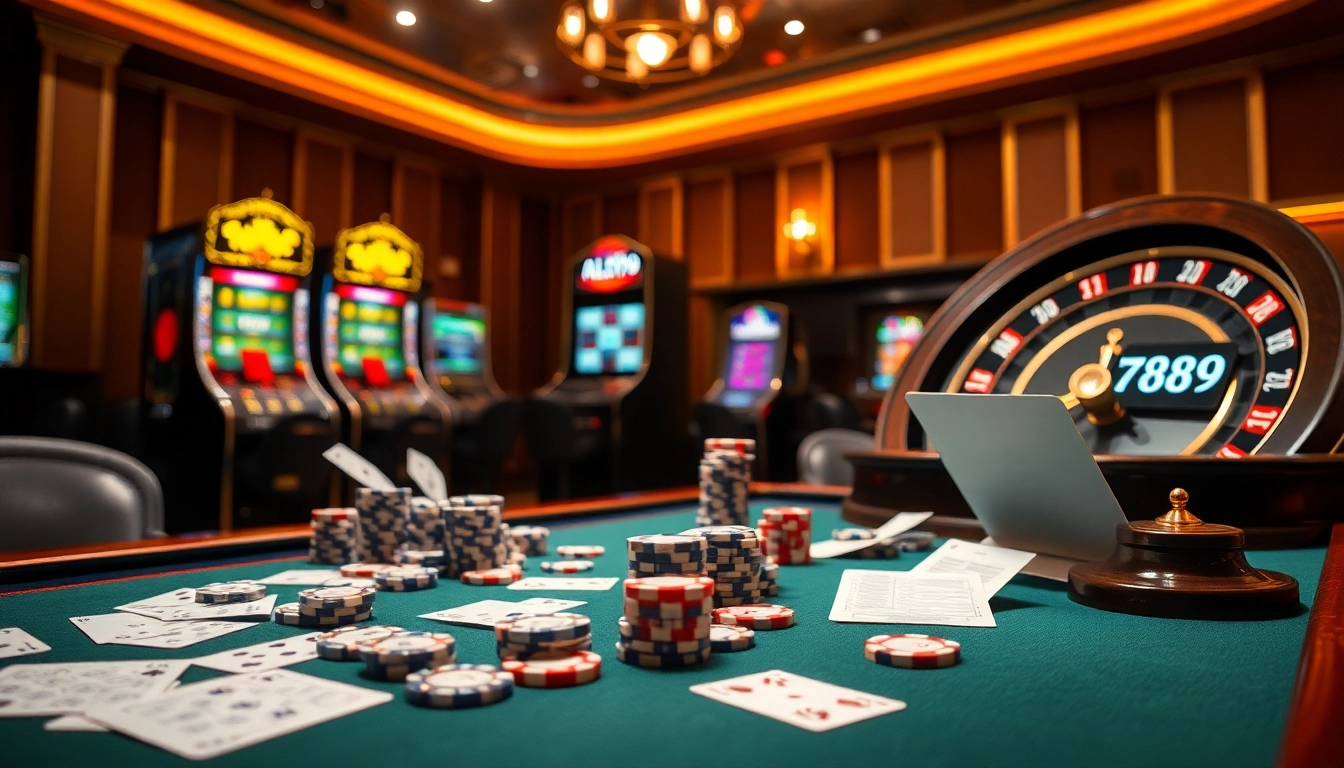 Players engaging with ALO789 at a luxurious casino table filled with cards and chips.