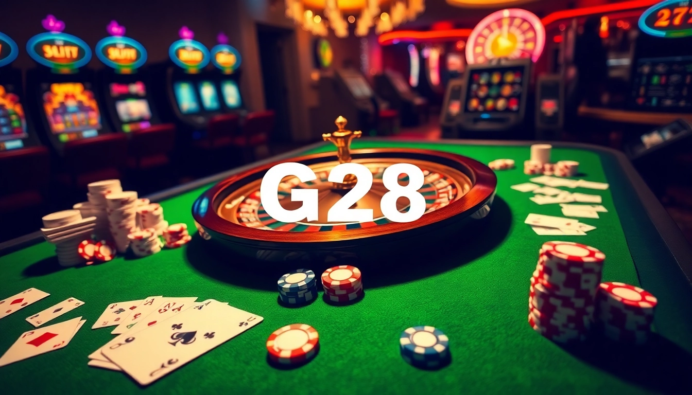 Exciting online gaming scene featuring G28 with roulette wheel and poker chips