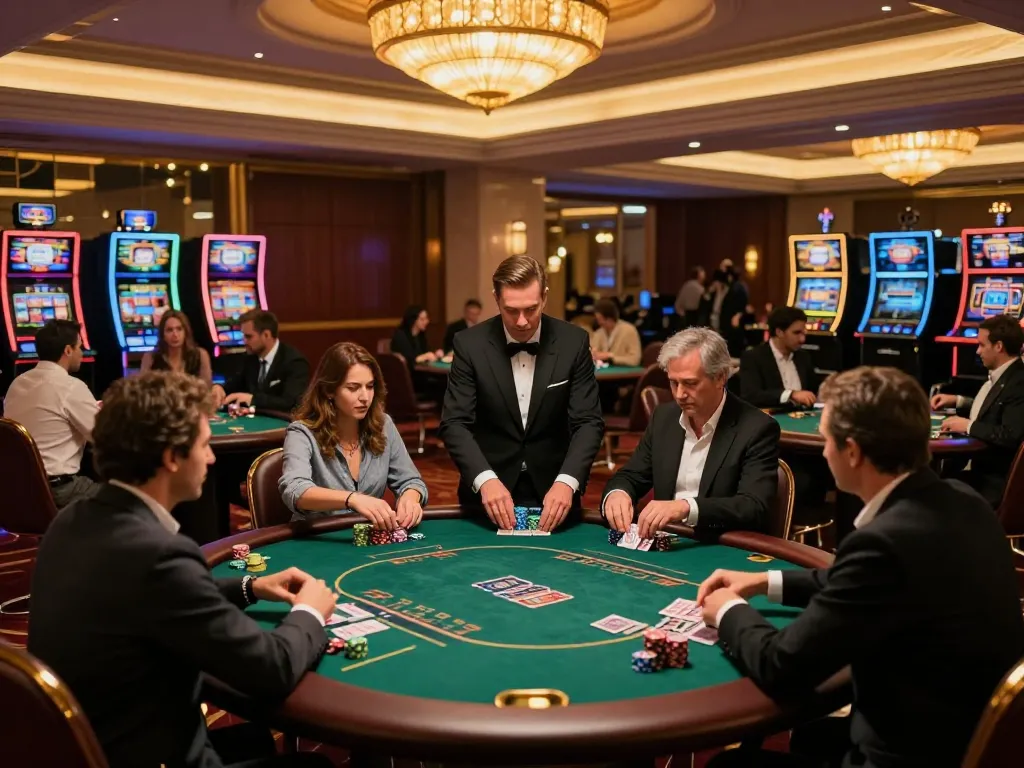 Players enjoying poker and betting strategies at 99win com on an upscale casino floor with vibrant atmosphere.
