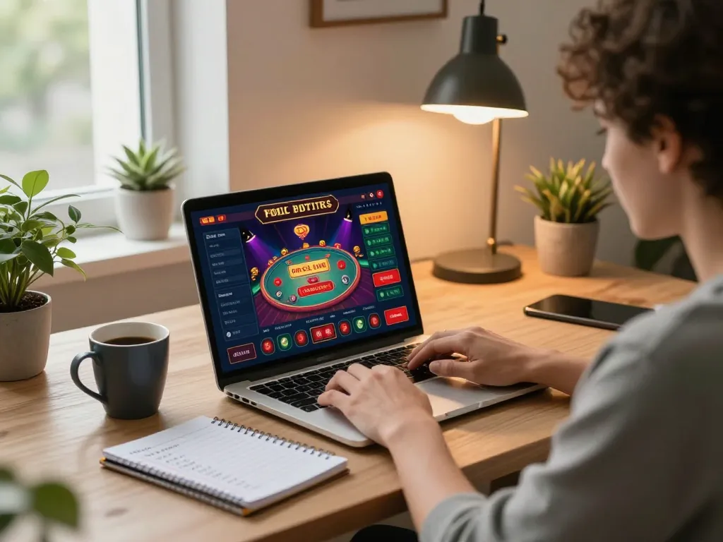 An engaging online gaming strategy session with 89bet2 on a laptop, showcasing vibrant casino game interface.