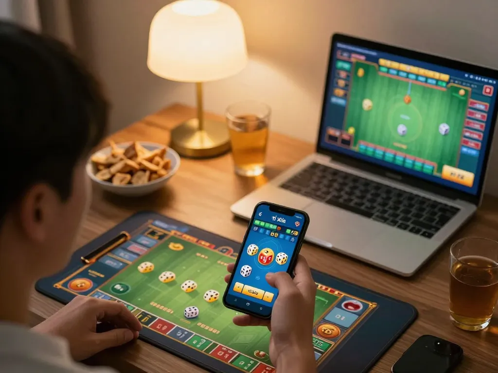 Playing tài xỉu online on a smartphone, engaging with colorful game graphics in a cozy home setup