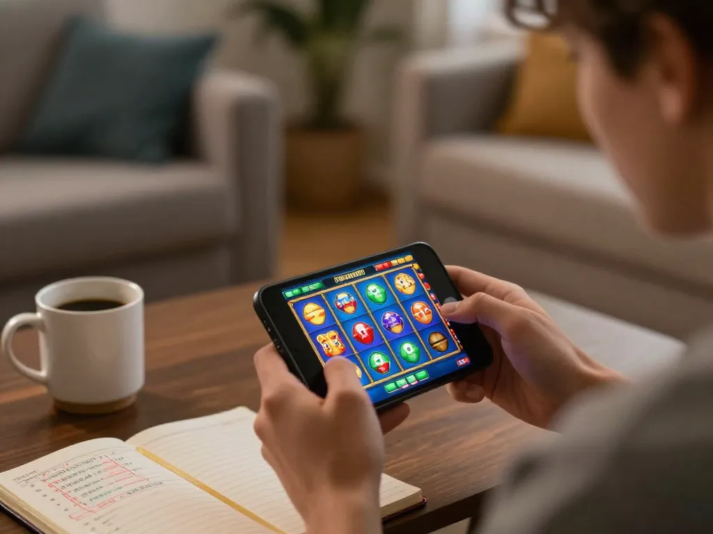 Engaging in mobile gaming at home with go8 com on the screen, showcasing colorful slots interface