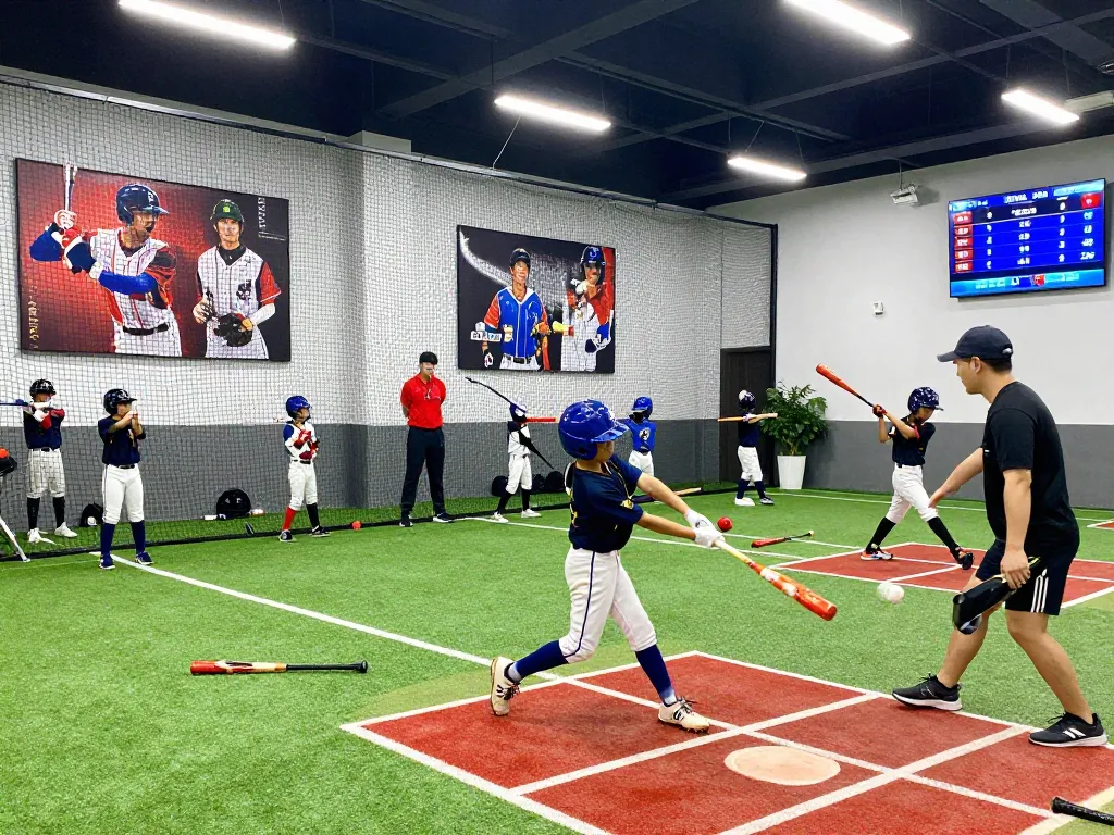 Hitclub training scene with young athletes practicing baseball skills in a modern facility.