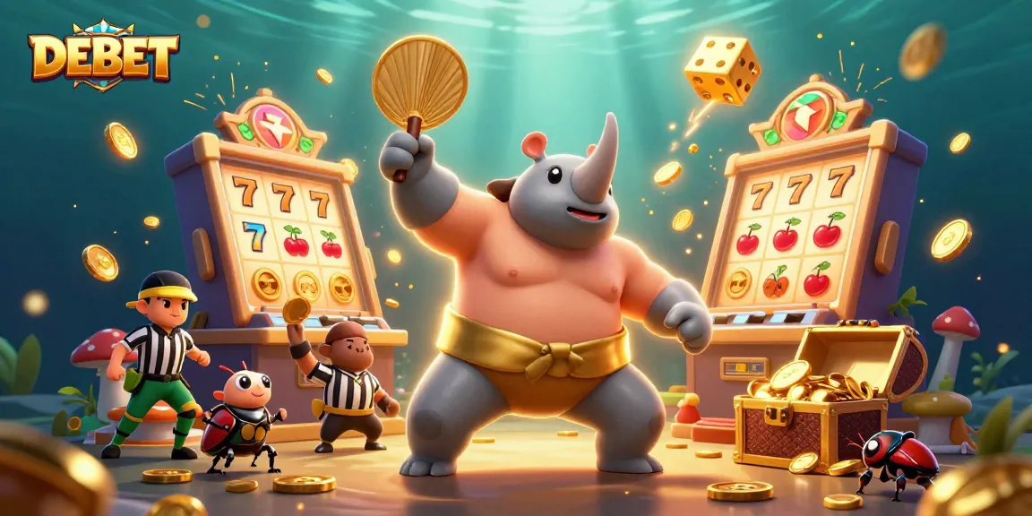 Experience the thrill of winning with DEBET’s vibrant casino scene featuring a beetle champion and joyous spectators.