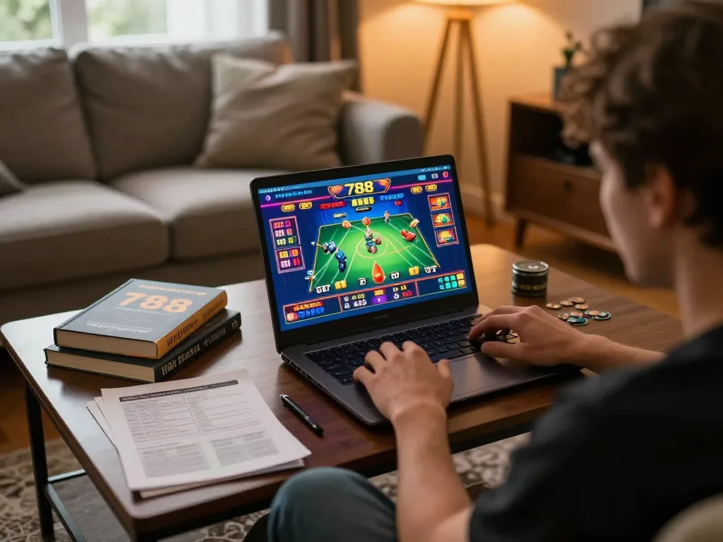 Engaging with a v788 game on a laptop during a cozy home gaming session