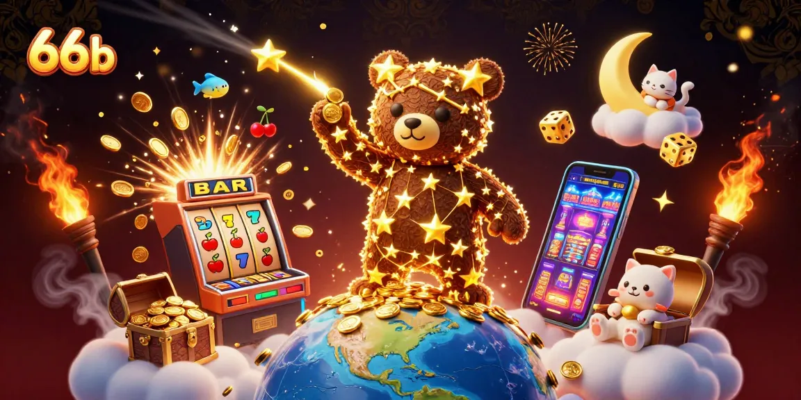 Explore exciting casino adventures with 66b as cartoon characters and jackpots burst joyfully in the night sky.