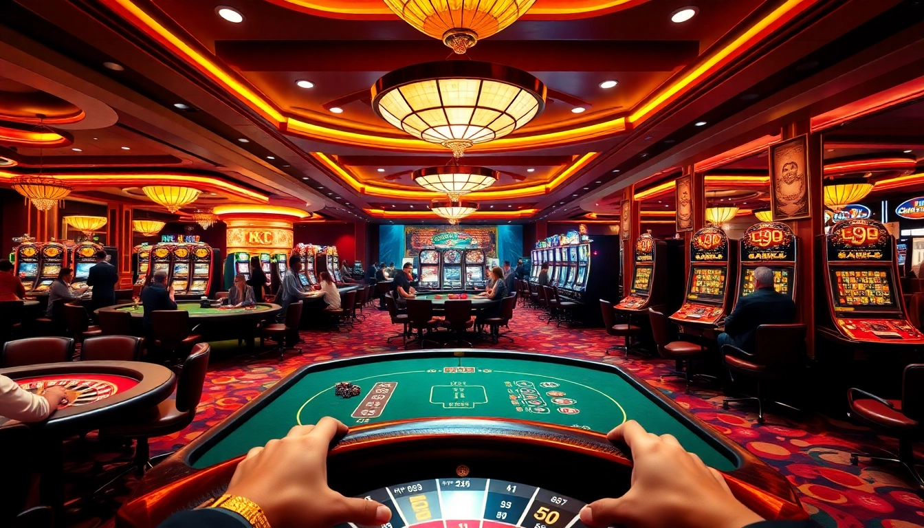 KJC casino scene showcasing players enjoying poker and slot machines, creating excitement and luxury.