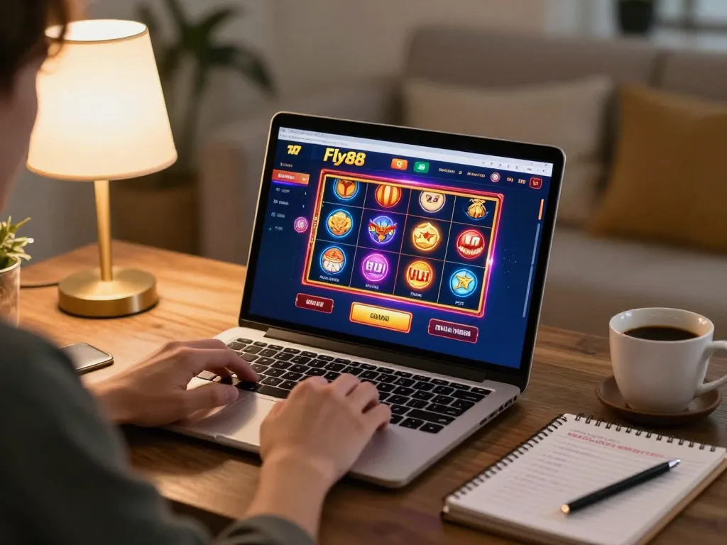 Player engaged in online slots gameplay on fly88 with vibrant visual interface and strategic notes.
