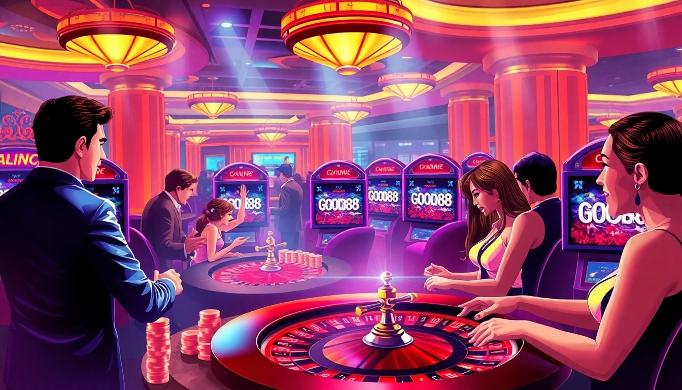 Enthusiastic players enjoying games at good88.hu.net in a luxurious online casino setting.