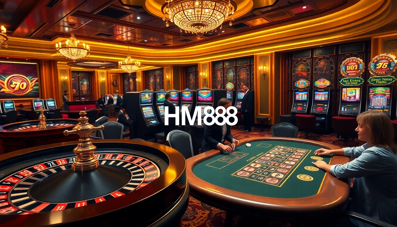 HM88 casino scene featuring an upscale poker table and roulette wheel amidst vibrant slot machines.