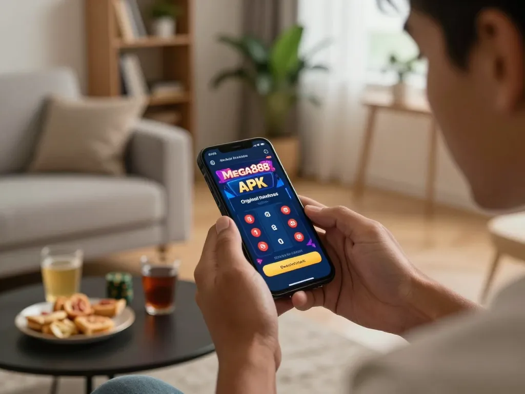 Mega888 APK original download interface displayed on smartphone during online gaming session in cozy living room