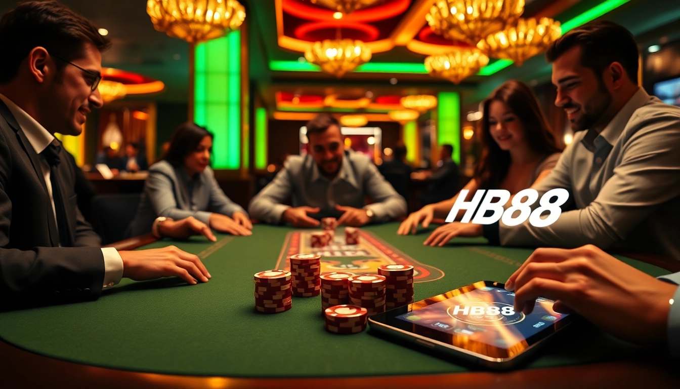 Engaged players enjoying a thrilling HB88 poker game in a luxurious casino setting.