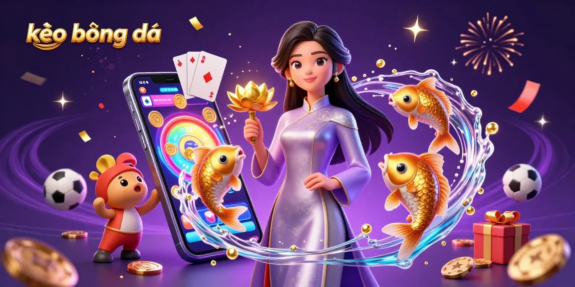 Bet on kèo bóng đá with our vibrant scene featuring an elegant Asian woman and playful elements.