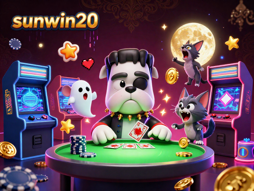 Engage with sunwin20’s vibrant 3D casino illustration featuring iconic monsters and gaming elements.