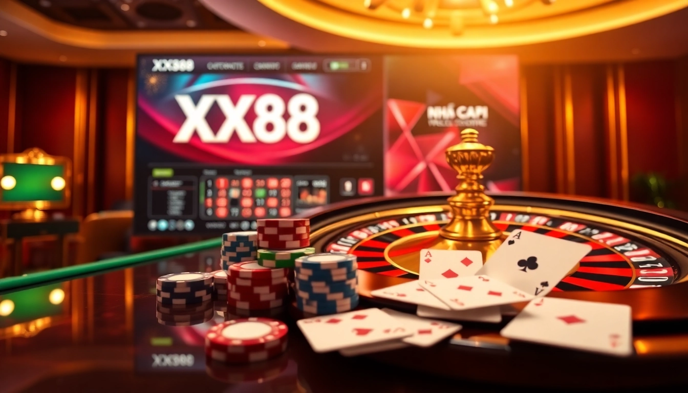 Experience excitement at nhà cái XX88 with vibrant casino elements like poker chips and cards.