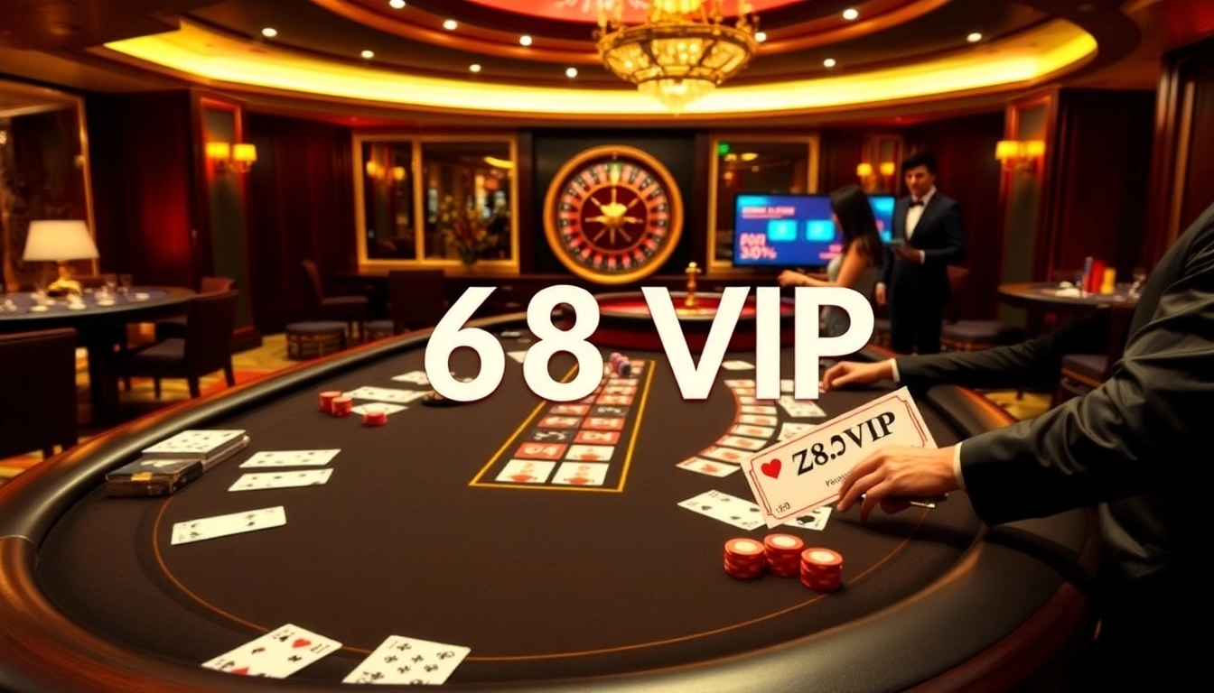 Experience thrilling gameplay at 68VIP with vibrant chips and a stylish poker table in this exciting casino scene.
