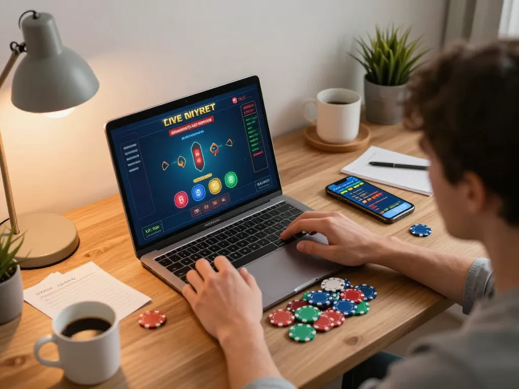 Engaging in online gaming with nk88 on a laptop, showcasing live dealer excitement and a cozy setup.