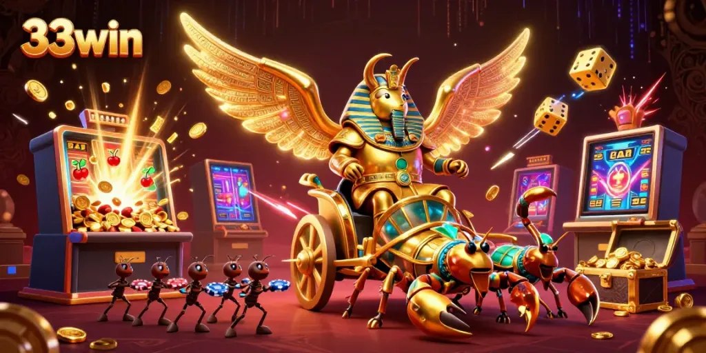 33win players celebrating with a colossal golden scarab beetle amid jackpot excitement and dynamic casino elements.