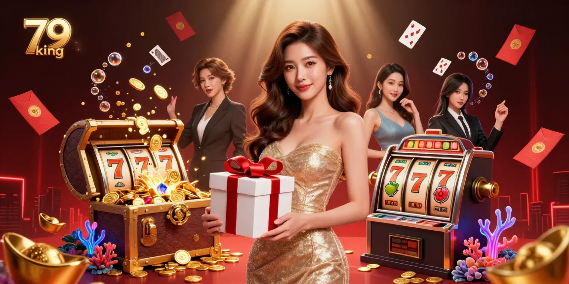 Engage in thrilling slots at 79 king, featuring a glamorous Asian woman with coins and festive elements in a vibrant casino.
