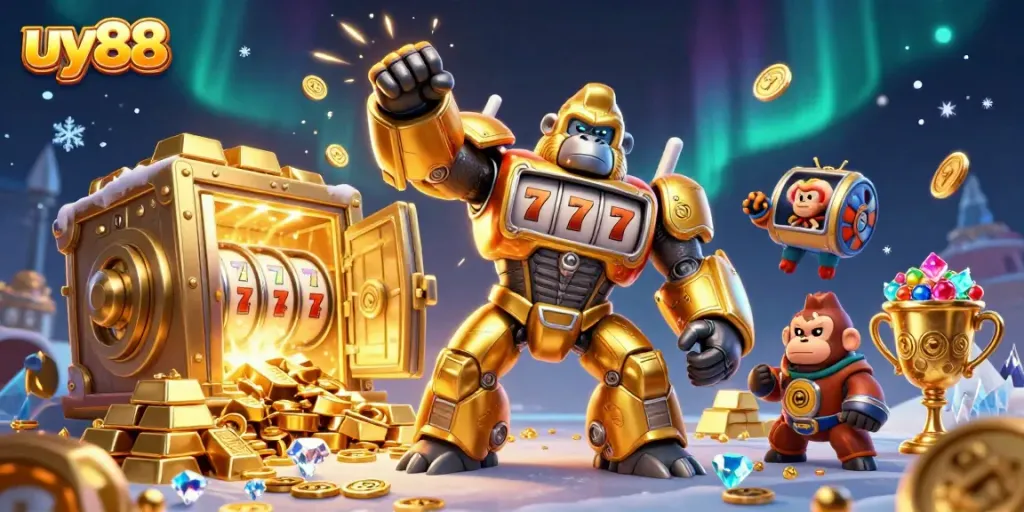 Experience thrilling wins at uy88 with a dynamic scene featuring a golden mech and treasure elements.