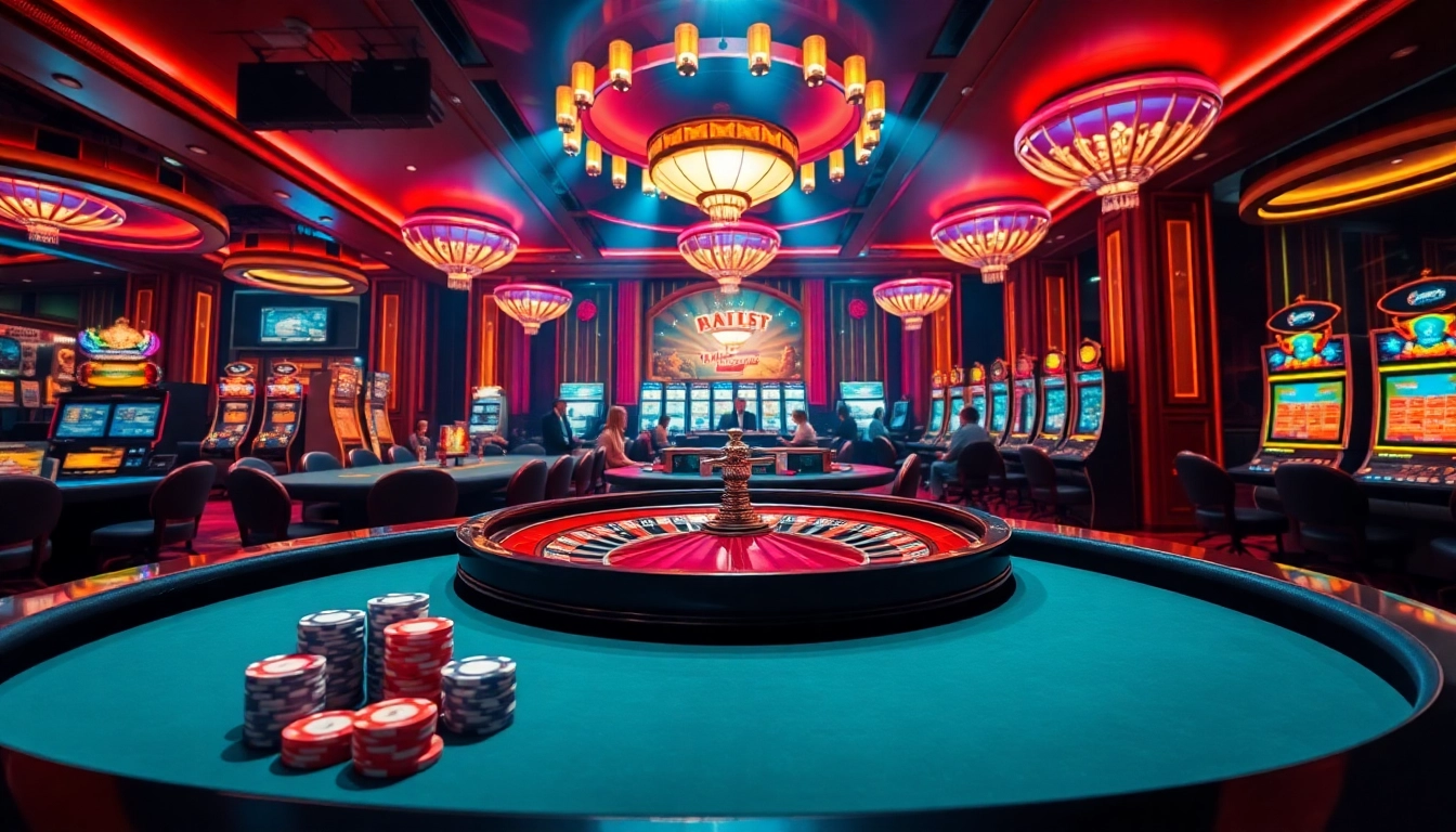 Experience the thrill of a nhà cái uy tín RR88 in a vibrant casino scene with engaged players and illuminated slot machines.