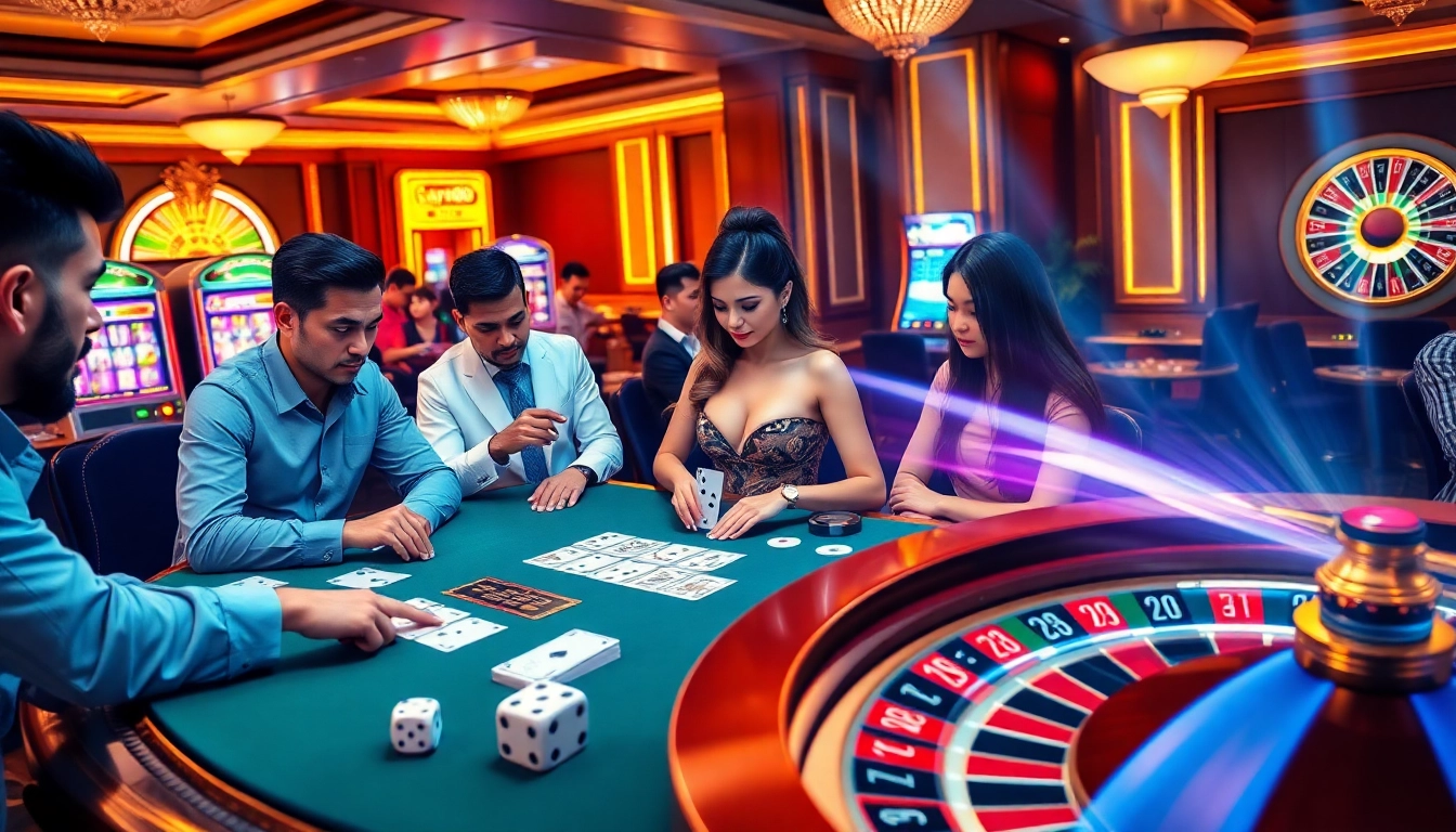 Experience gaming excitement at say88 with a vibrant scene of poker players, dealer, and casino ambiance.