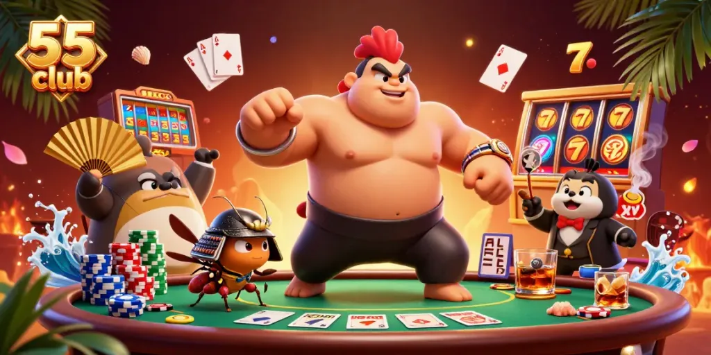 Engage with thrilling action at 55 club, showcasing vibrant poker elements and dynamic characters.