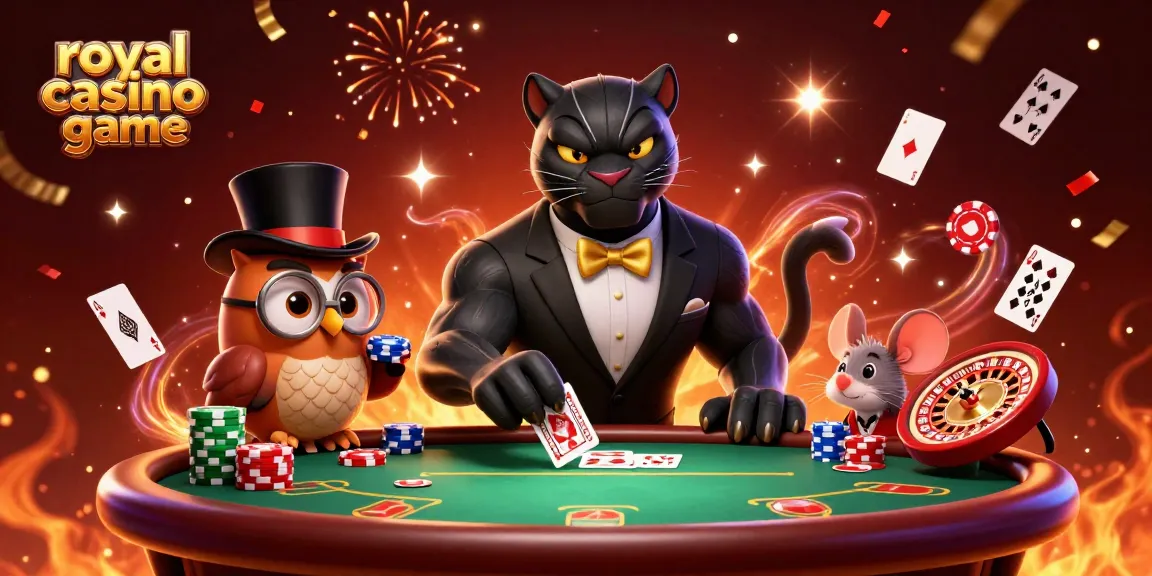 Engage in the royal casino game with vibrant gameplay featuring a tuxedoed panther, an owl, and a lucky mouse.