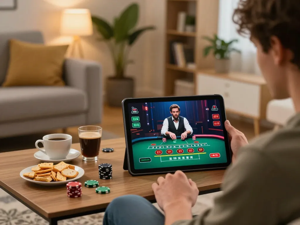 Watch a player enjoy F8BET live blackjack on a tablet in a cozy home setting.