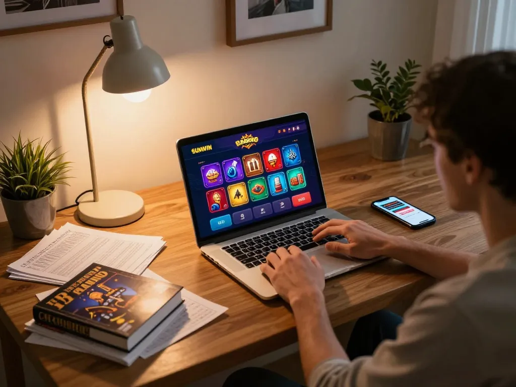 Play a vibrant sunwin casino game on a laptop in a cozy home setting with strategy notes.