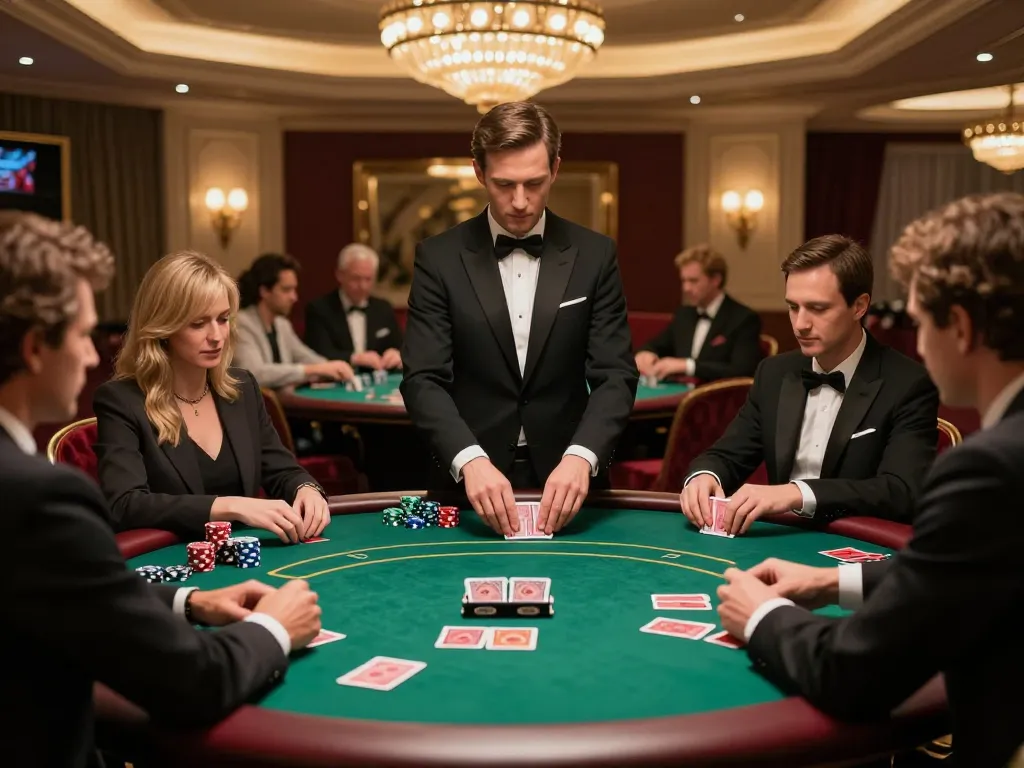 MM88 high-roller room with poker table featuring engaged players, dealer shuffling cards, and elegant decor.