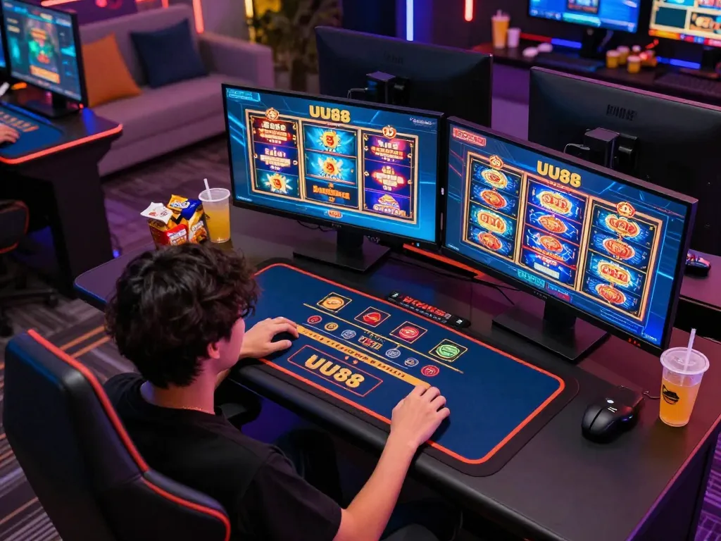 Person focused on UU88 online casino games at a dual monitor setup in a lively gaming atmosphere