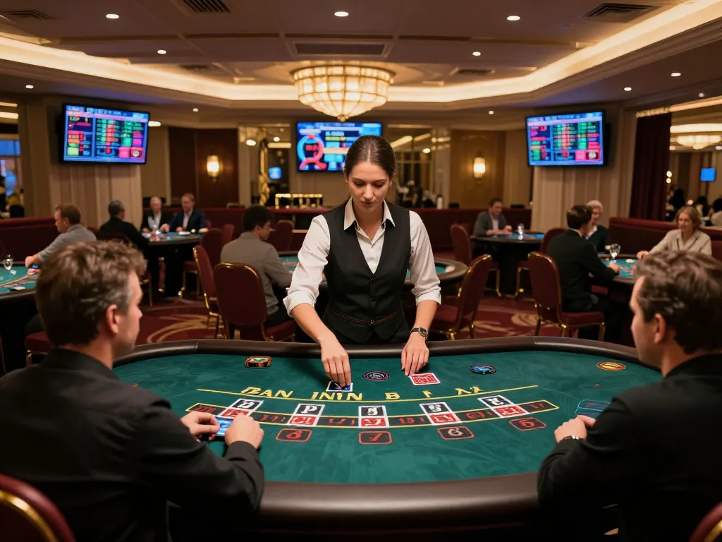 LLWIN players enjoying an upscale blackjack game with a professional dealer in a vibrant live casino setting
