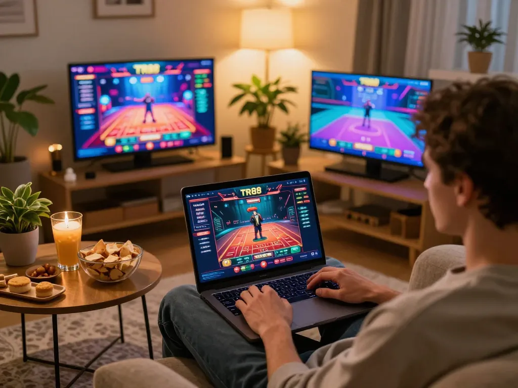 Player engaging in TR88 online casino gaming at home with laptop and snacks