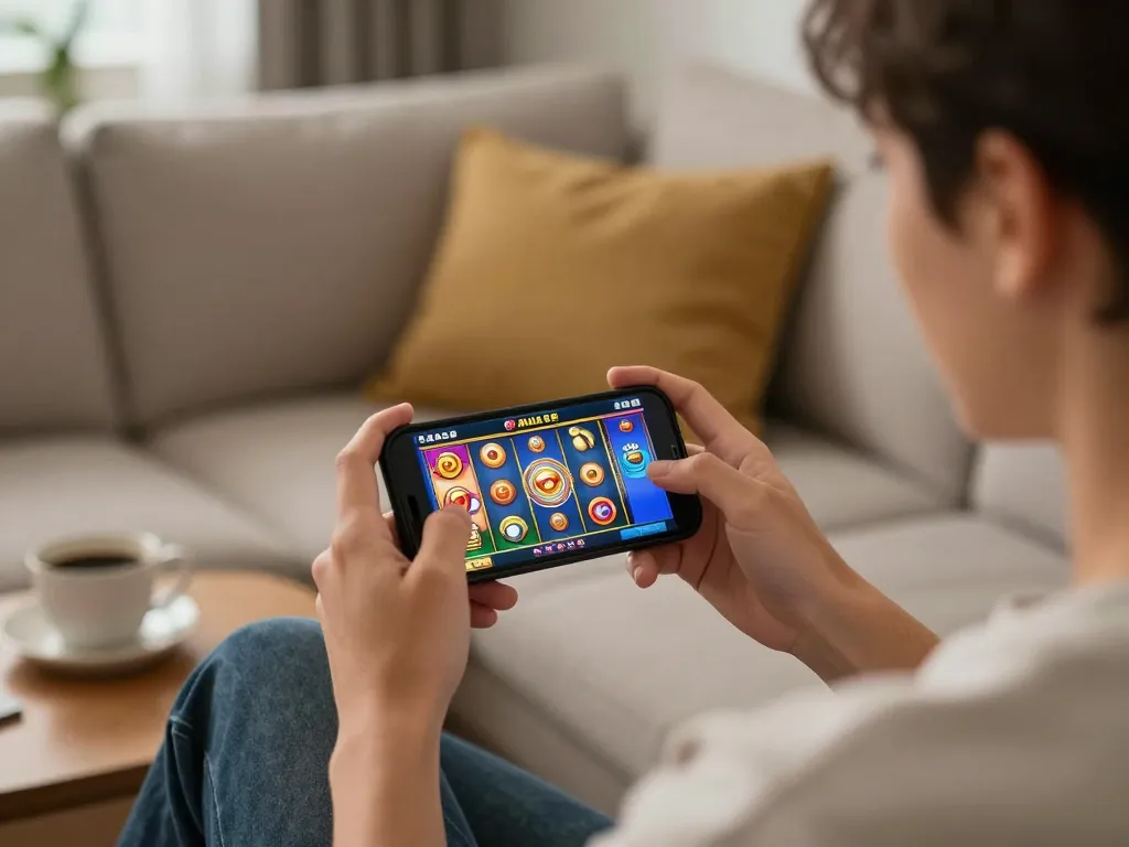 Engaging with Slot Malaysia mobile game in a cozy home setting, promoting responsible gaming practices.