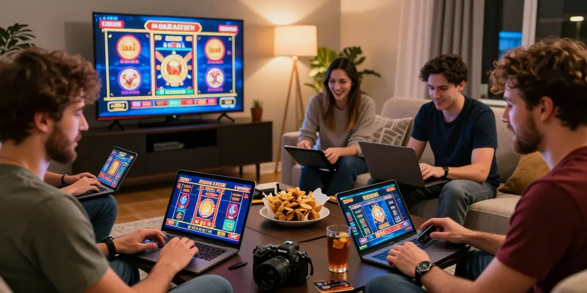 Excited players enjoying their experience at credit card casinos UK in a cozy living room with multiple gaming devices.